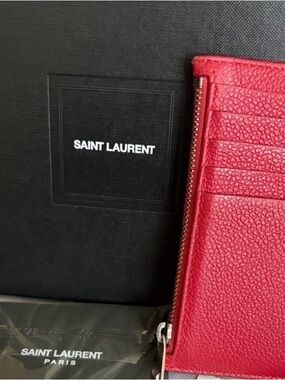 Authentic Saint Laurent New Red Pebbled Leather Card Wallet with Zip